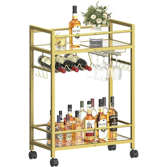 Home Bar Serving Cart, Bar Cart with 2 Mirrored Shelves, MicrowaveCart, Rolling Beverage Cart, Mobile KitchenCart with Wine Rack, Drink Cart for Dinning Room, Living Room, Kitchen, Gold