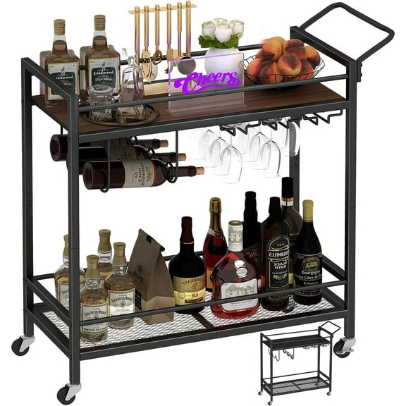 Home Bar Serving Cart, Mobile Drink Beverage Cart with Two-Color Top Shelf, Rolling Kitchen Cart with Wine Holder and Glass Holder, for Dinning Room, Living Room, Kitchen