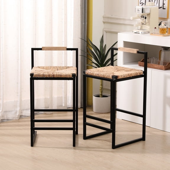 Home Bar Stools | Comfortable Seating with Foot Rest | Metal and Water Hyacinth Combination | Adjustable Leg Pads for Balance
