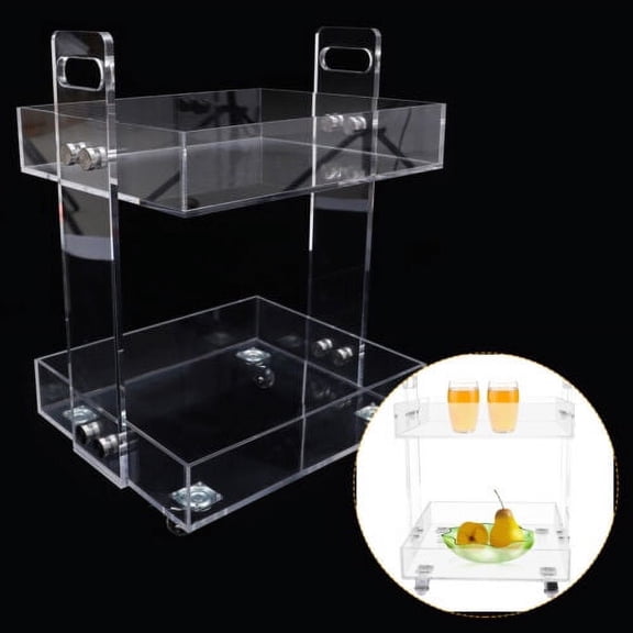 Home Bar Storage Cart Acrylic Serving Table w/ 4 Wheels 2 Tiers Mobile Display