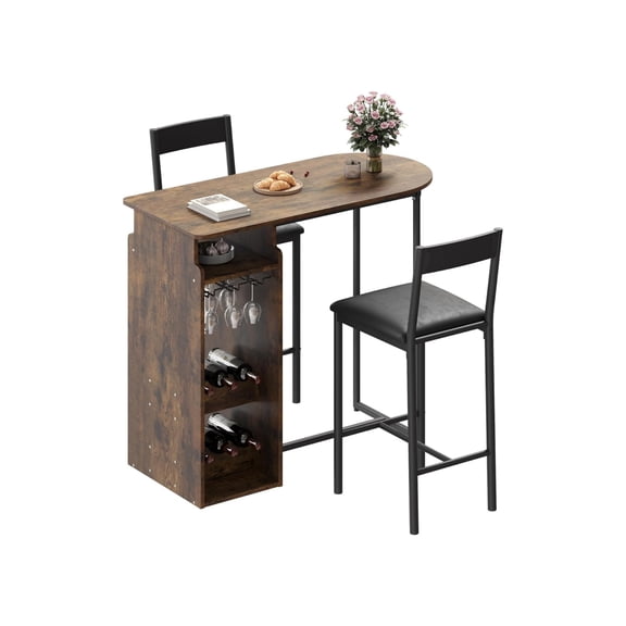 Home Bar Table and Chairs for 2, Dining Room Table with Double Tier Wine Rack and Glasses Hanging, Brown Textured and 2 PU Leather Upholstered Seats, Modern Dining Set for Home & Office