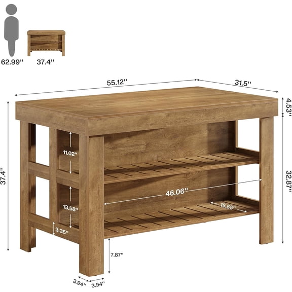 Home Bar Table Unit with Storage Shelves, 55.1-Inch Farmhouse Counter Height Bar Cabinet for Kitchen Dining Room (Brown)