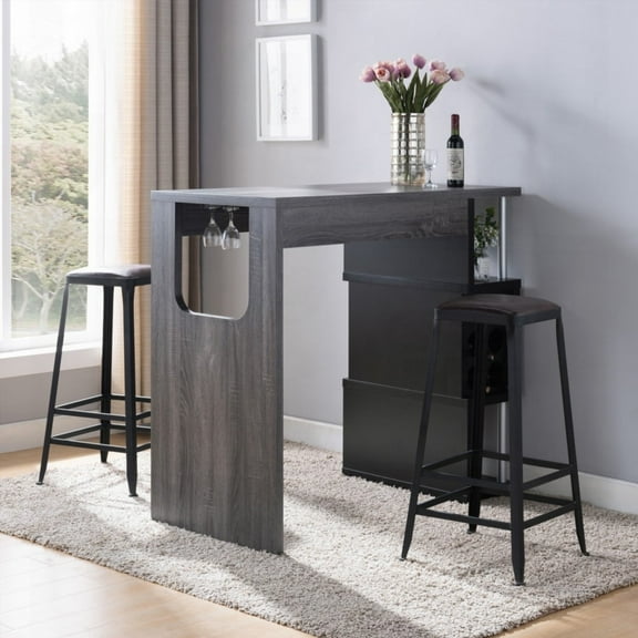Home Bar Table with Compartments - Distressed Grey & Black (3 Shelves & Wine Glass Compartment)