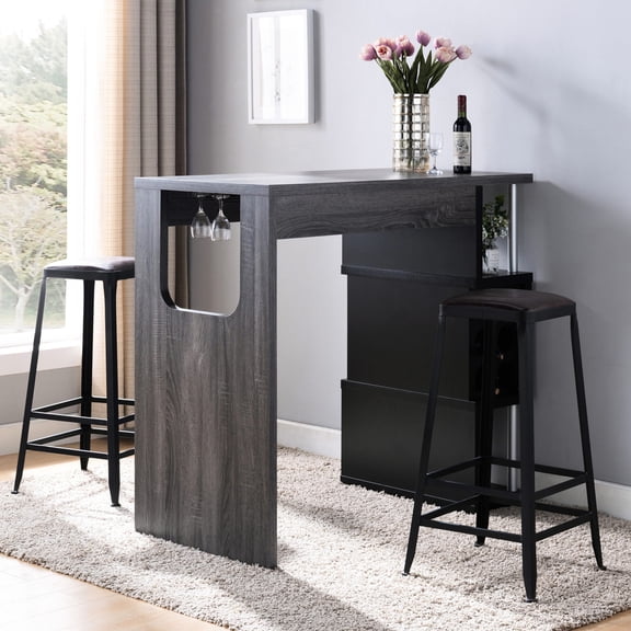 Home Bar Table with Wine Glass Compartment and Three Shelves / Enhance Home Bar Experience