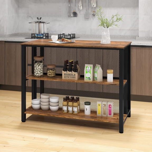 Home Bar Unit, 3-Tier Bar Table with Storage Shelves, Metal Frame, Adjustable Foot Pads, Breakfast Corner Bar Cabinet for Kitchen Island Dining Room (Rustic Brown)