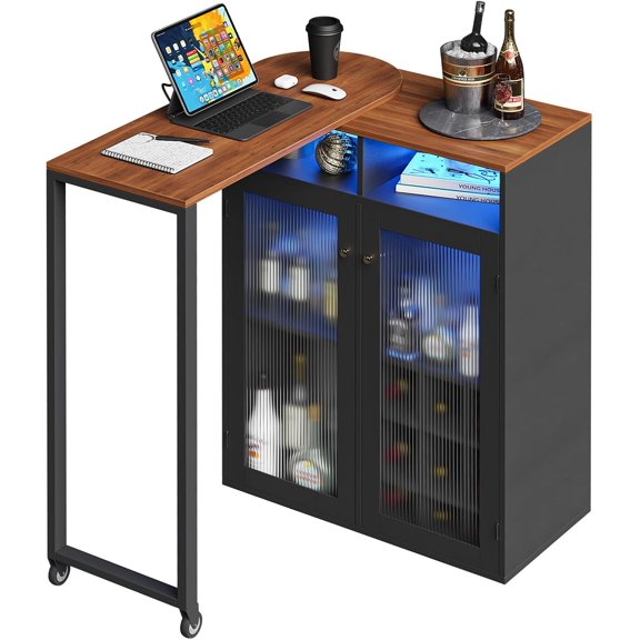 Home Bar Unit with Charging Station & Lights & Storage Mini Corner Bar Table with Wine Rack & Glass Holder 360° Rotating Tall Liquor Table for Living Room Apartment Office, Black