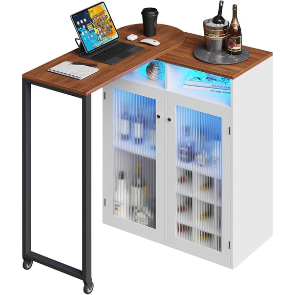 Home Bar Unit with Charging Station & Lights & Storage Mini Corner Bar Table with Wine Rack & Glass Holder 360° Rotating Tall Liquor Table for Living Room Apartment Office, White