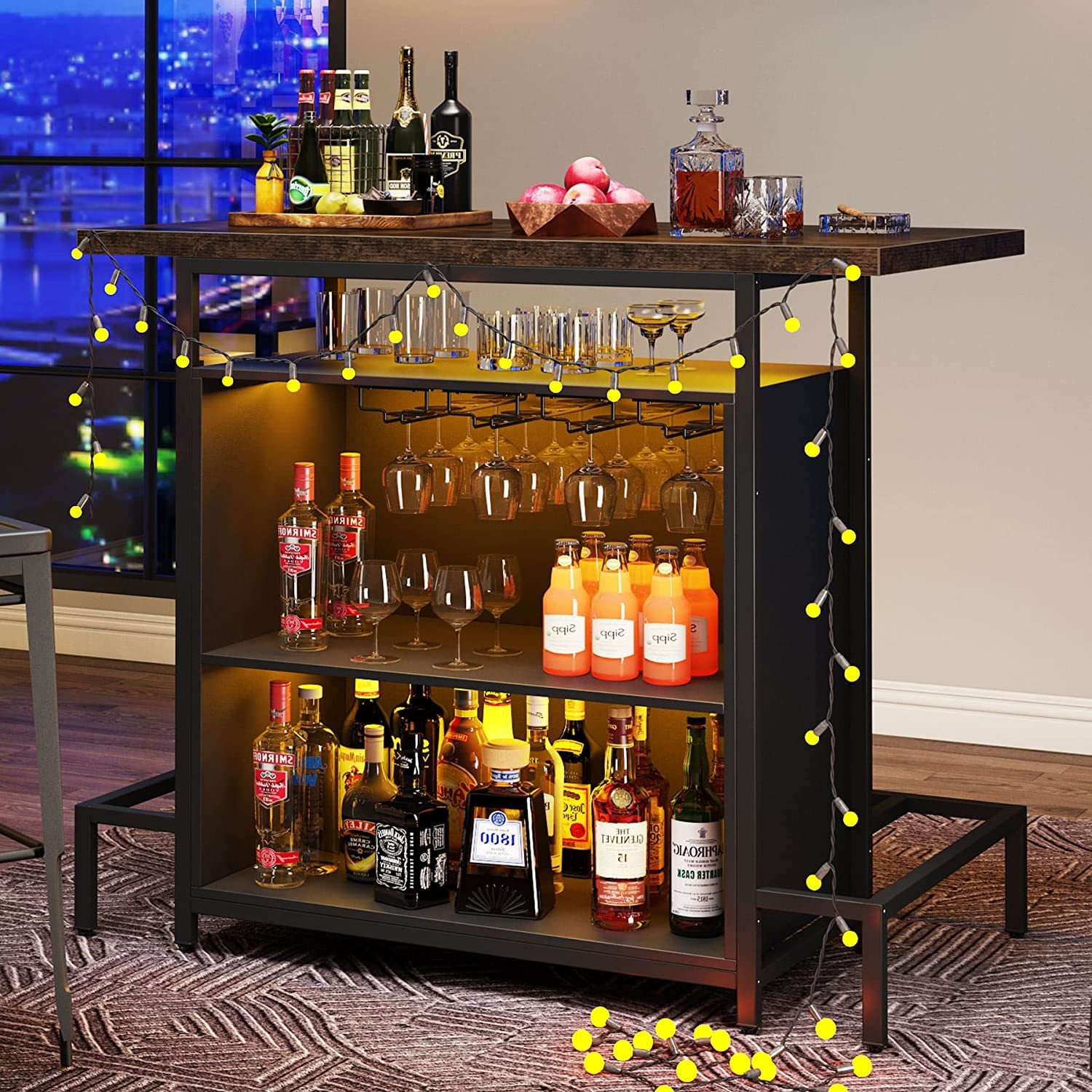 Home Bar Unit, Industrial 3Tier Liquor Bar Table with Glasses Holder