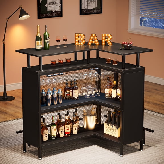 Home Bar Unit, L-Shaped Bar Table with Stemware Racks And 2-Tier Shelves, Corner Mini Coffee Liquor Cabinet with Footrest for Home/Kitchen/Pub