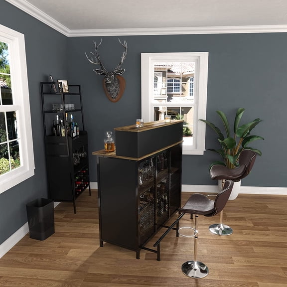 Home Bar Unit Mini Bar Liquor Cabinet with Storage and Footrest for Home Kitchen Pub (Brown)
