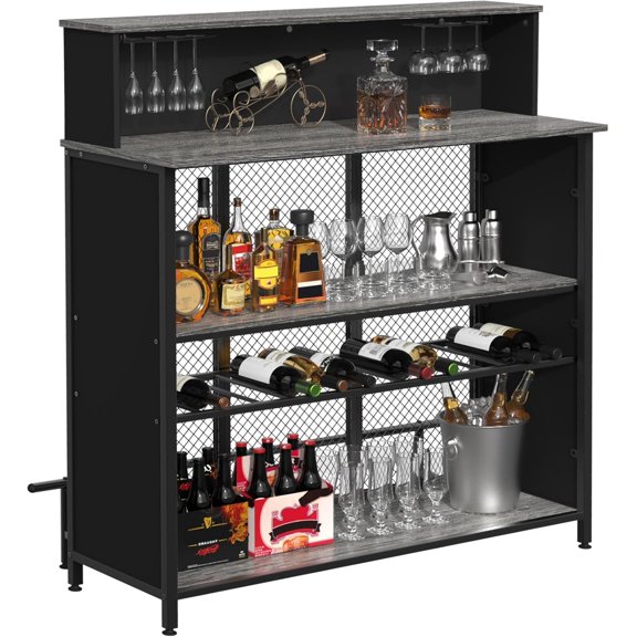 Home Bar Unit Mini Bar Liquor Cabinet with Storage and Footrest for Home Kitchen Pub (Grey)