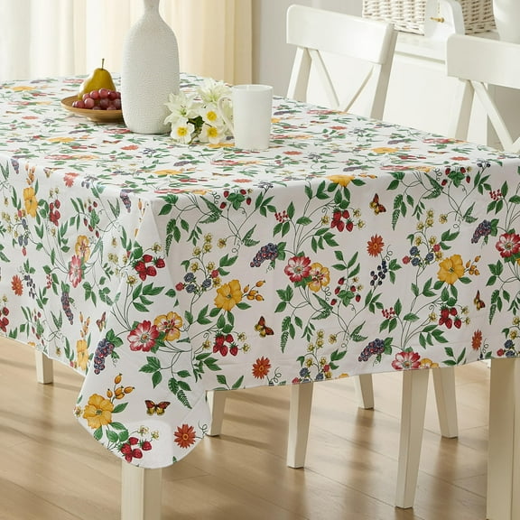 Home Bargains Plus English Berry Garden 52 x 70 Inch Rectangle Vinyl Dining Tablecloth with Flannel Backing