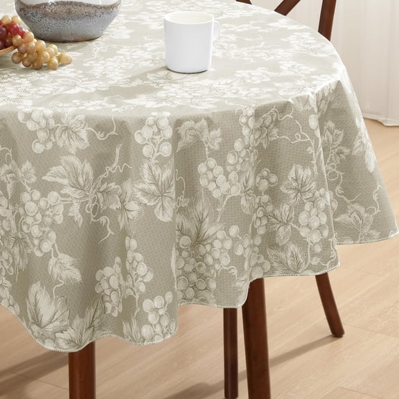 Home Bargains Plus Ivory Grapevine Print 60 x 84 inch Oval Vinyl Tablecloth with Flannel Backing