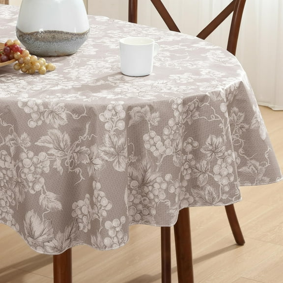 Home Bargains Plus Taupe Grapevine Print 60 x 84 inch Oval Vinyl Tablecloth with Flannel Backing
