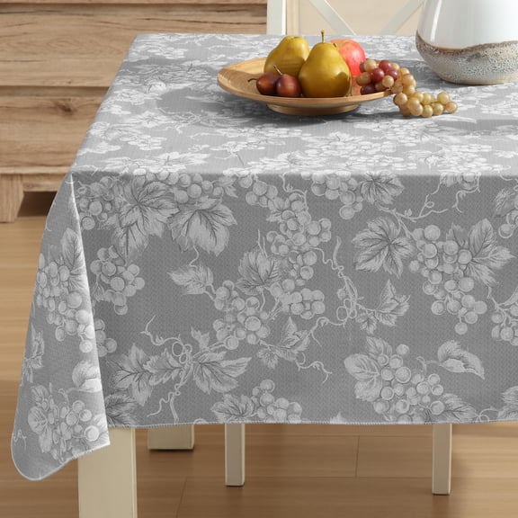 Home Bargains Plus Grey Grapevine Print 60 x 84 inch Rectangle Vinyl Tablecloth with Flannel Backing