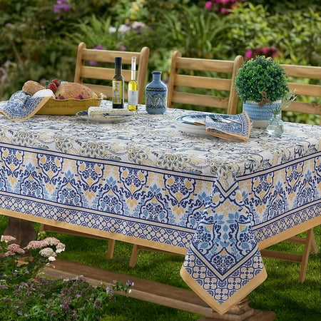 Home Bargains Plus Allure Yellow and Blue Floral Bordered 52 x 52 inch Square Fabric Tablecloth