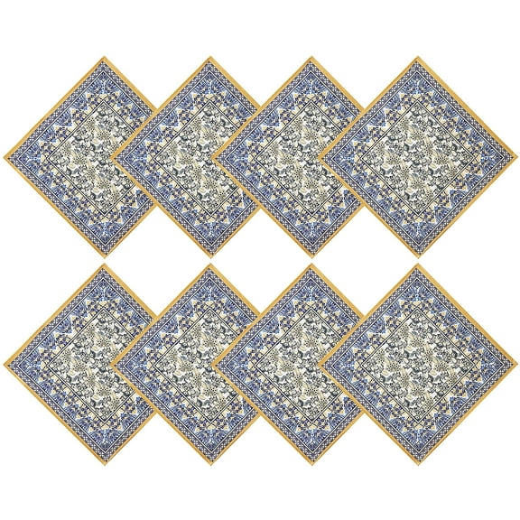 Home Bargains Plus Allure Yellow and Blue Floral Bordered Set of 8 Fabric Napkins