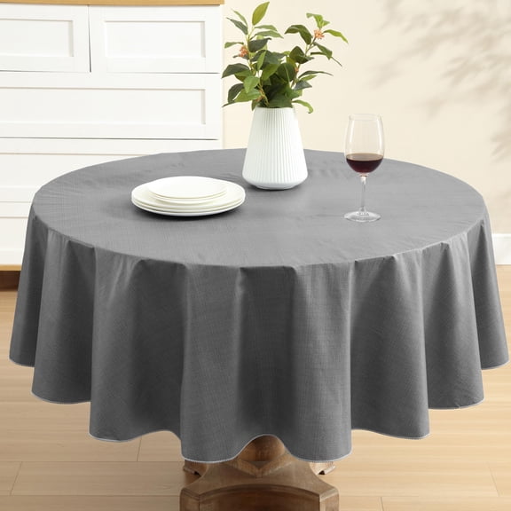 Home Bargains Plus Grey Café Hotel 70 inch Round Vinyl Dining Tablecloth with Flannel Backing