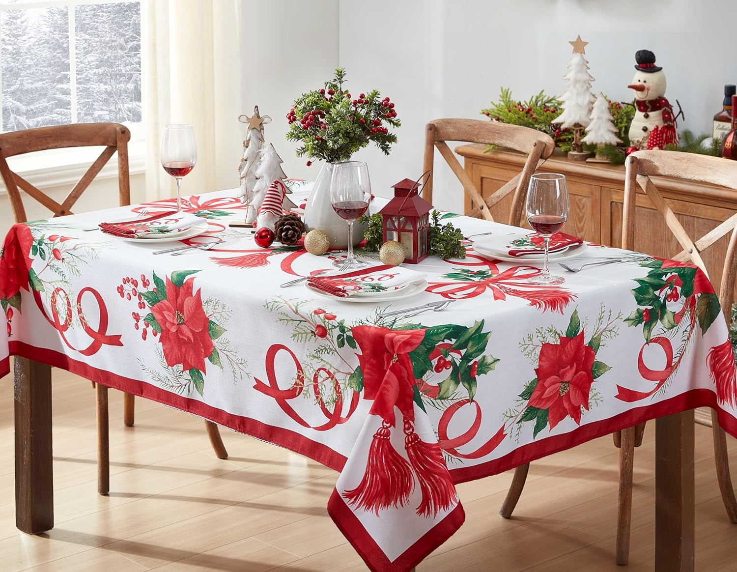 Home Bargains Plus Holiday Tassels Provence Christmas Fabric Tablecloth