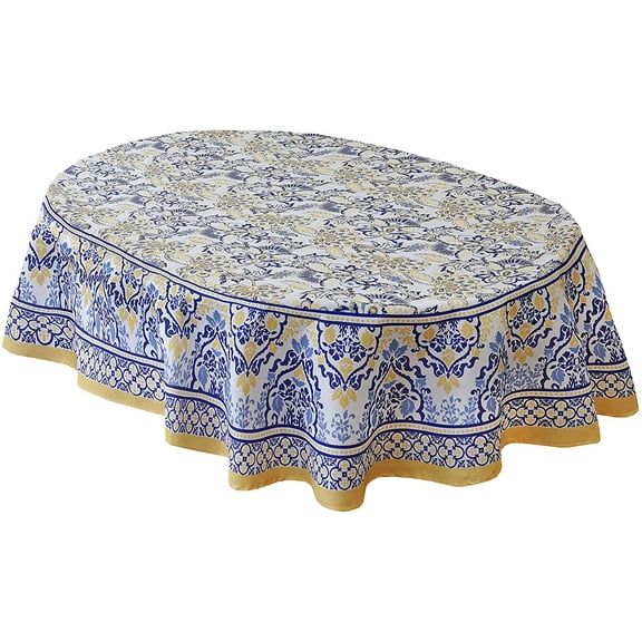 Home Bargains Plus Allure Yellow and Blue Floral Bordered 60 x 84 inch Oval Fabric Tablecloth