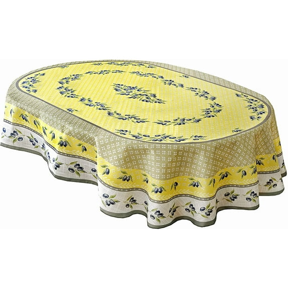 Home Bargains Plus Oval Fabric Tablecloth, 60 x 84 inch, Olivier Yellow and Grey Country Olive