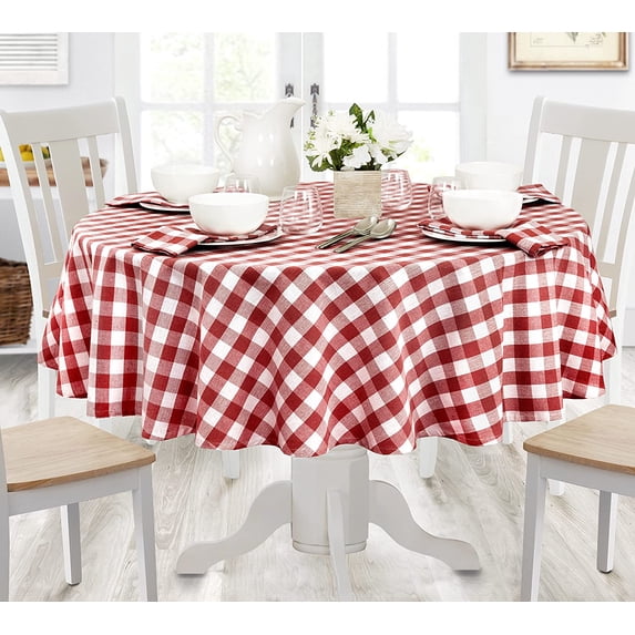 Home Bargains Plus Oval Fabric Tablecloth, Country Rustic Buffalo Plaid, 60 x 84 Inch, Indoor Outdoor Easy Care Dining Table Cover, Checkered Cottage Gingham, Red