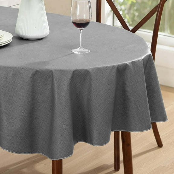 Home Bargains Plus Oval Vinyl Tablecloth with Flannel Backing, Café Hotel, 60 x 84 Inch, Heavy Duty Indoor Outdoor Wipe Clean Vinyl Table Cover, Faux Linen Texture, Grey