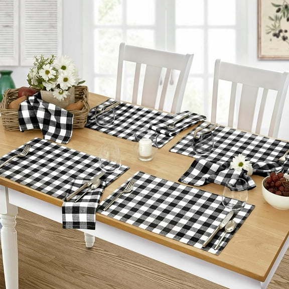 Home Bargains Plus Rectangle Fabric Placemats, Country Rustic Buffalo Plaid, Set of 4 Placemats, Indoor Outdoor Easy Care Dining Placemats, Checked Cottage Gingham, Black