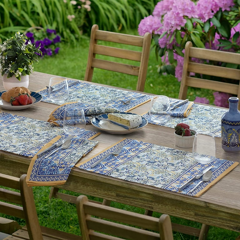 Home Bargains Plus Allure Yellow and Blue Floral Bordered Set of 4 Fabric Placemats Walmart