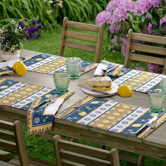Home Bargains Plus Rectangle Fabric Placemats, Set of 4 Placemats, Blue Lemon Garden, Indoor Outdoor Stain and Water Resistant Fabric Placemats, Mediterranean Orchard