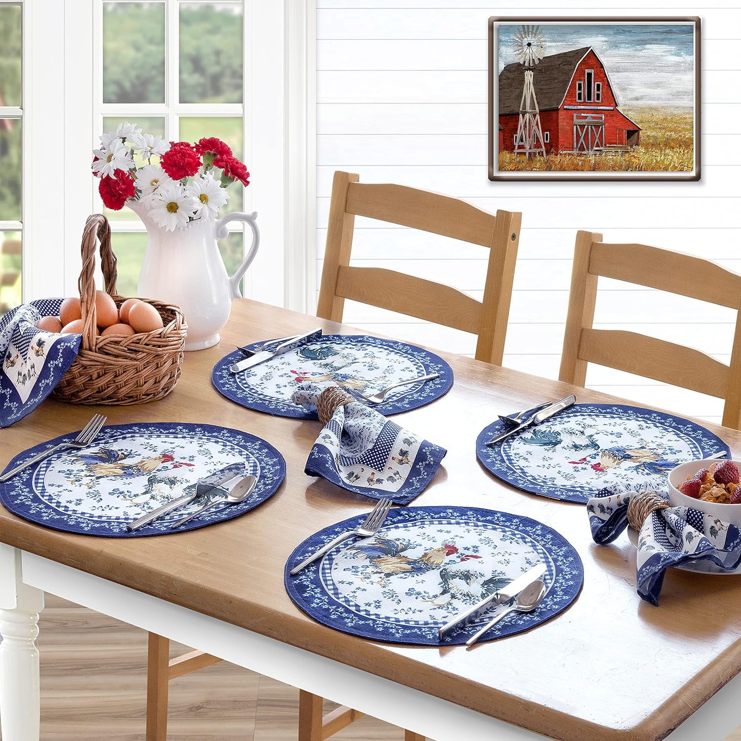 Blue Provence Rooster Country Fabric Placemats, Set of 4