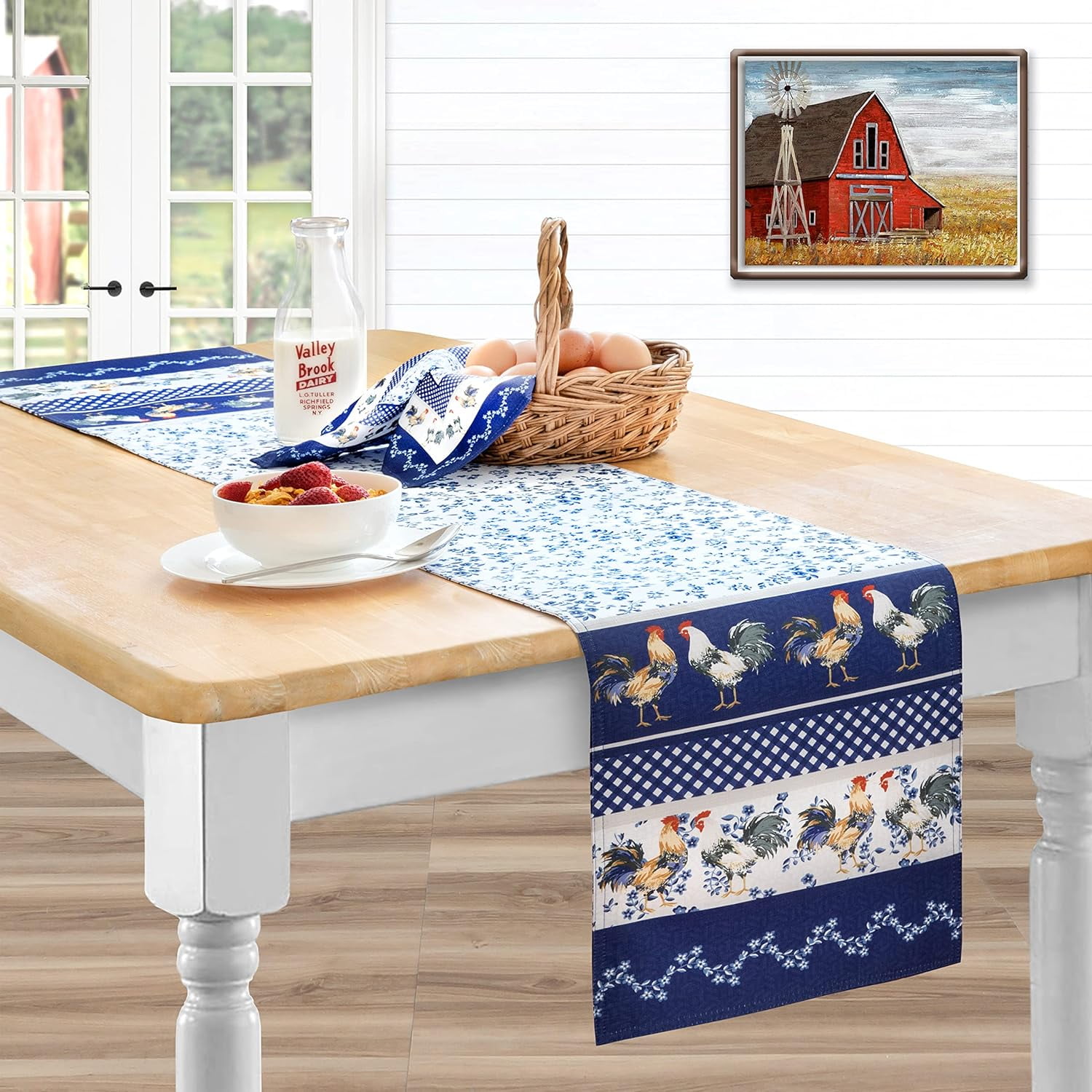 Blue and Beige Polyester Country Rooster Table Runner, 70" Long