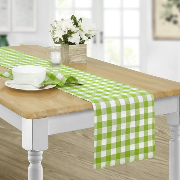 Home Bargains Plus Rectangle Fabric Table Runner, Country Rustic Buffalo Plaid, 70 Inch Long, Indoor Outdoor Easy Care Dining Table Runner, Checkered Cottage Gingham, Green