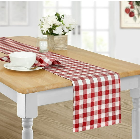Home Bargains Plus Rectangle Fabric Table Runner, Country Rustic Buffalo Plaid, 70 Inch Long, Indoor Outdoor Easy Care Dining Table Runner, Checkered Cottage Gingham, Red