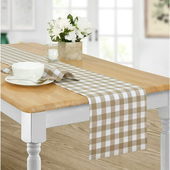 Home Bargains Plus Rectangle Fabric Table Runner, Country Rustic Buffalo Plaid, 70 Inch Long, Indoor Outdoor Easy Care Dining Table Runner, Checkered Cottage Gingham, Sand