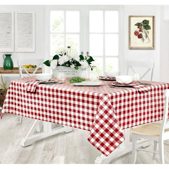 Home Bargains Plus Rectangle Fabric Tablecloth, Country Rustic Buffalo Plaid, 52 x70 Inch, Indoor Outdoor Easy Care Dining Table Cover, Checkered Cottage Gingham, Red