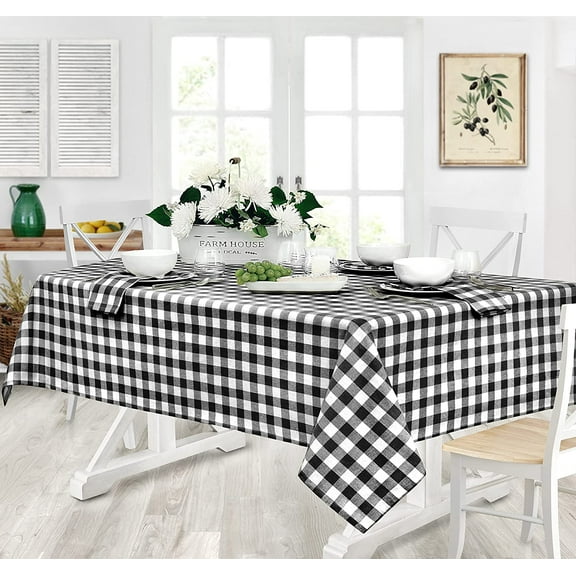 Home Bargains Plus Rectangle Fabric Tablecloth, Country Rustic Buffalo Plaid, 60 x 120 Inch, Indoor Outdoor Easy Care Dining Table Cover, Checked Cottage Gingham, Black