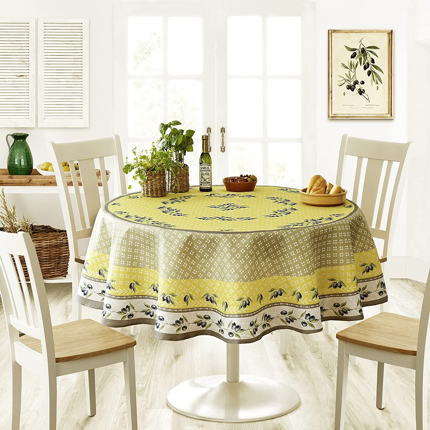 Provence Yellow and Grey Round Polyester Tablecloth, 70 Inch