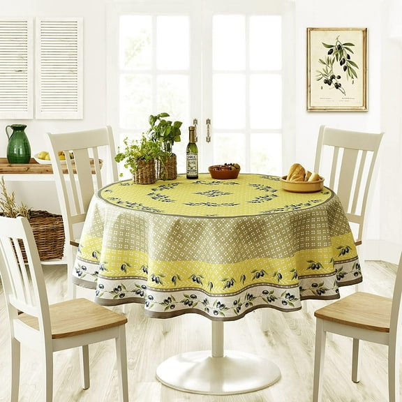 Home Bargains Plus Round Fabric Tablecloth, 70 inch, Olivier Yellow and Grey Country Olive
