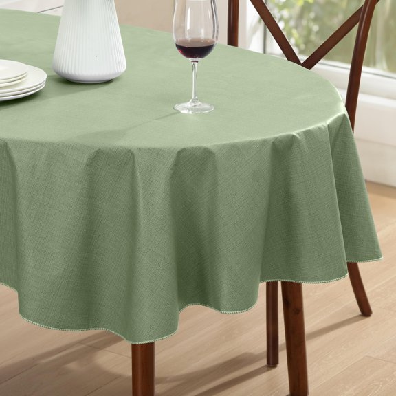 Home Bargains Plus Sage Green Café Hotel 60 x 84 inch Oval Vinyl Dining Tablecloth with Flannel Backing