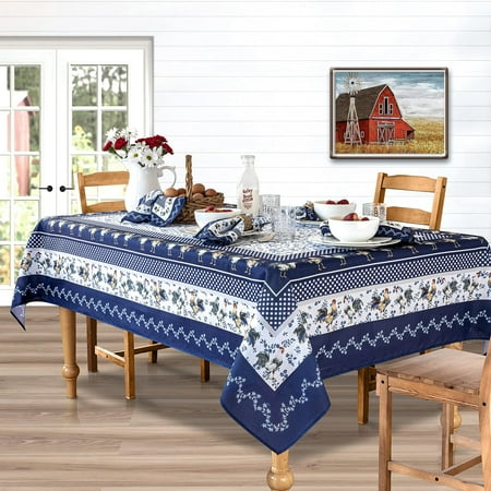 Home Bargains Plus Square Fabric Tablecloth, 52 x 52 inch, Blue Provence Rooster Table Cover