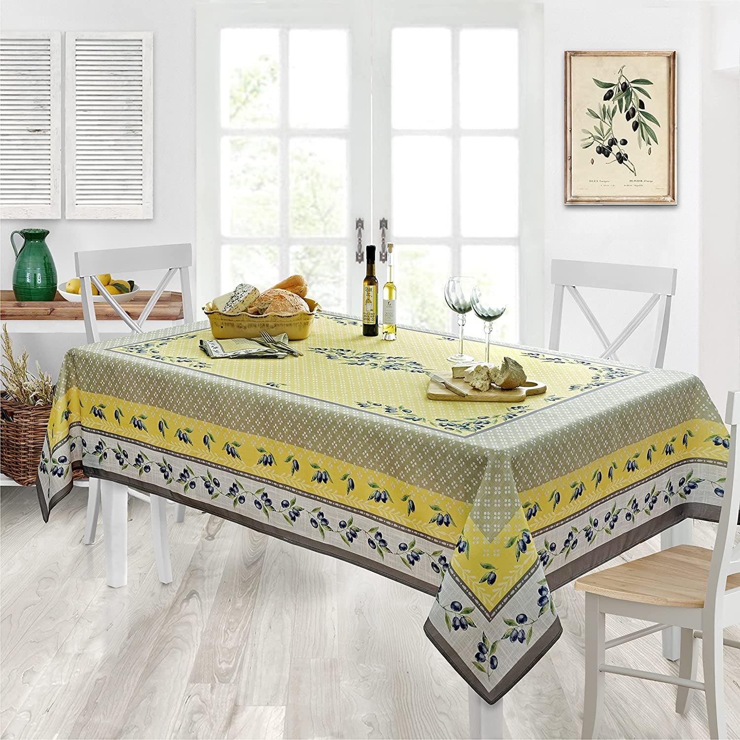 Provence Yellow and Grey Olive Print Square Fabric Tablecloth