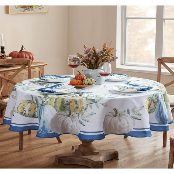 Home Bargains Plus Thanksgiving Blue Heritage Pumpkin Harvest 60 x 84 inch Oval Fabric Tablecloth