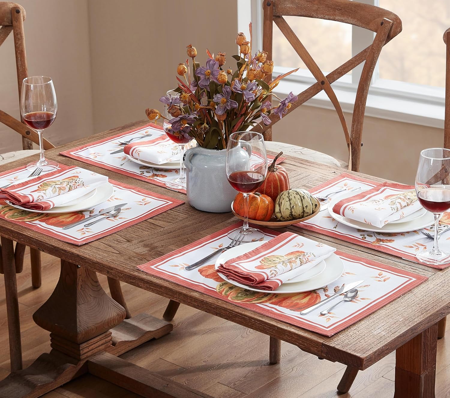 Thanksgiving Orange Heritage Pumpkin Fabric Placemats Set of 4