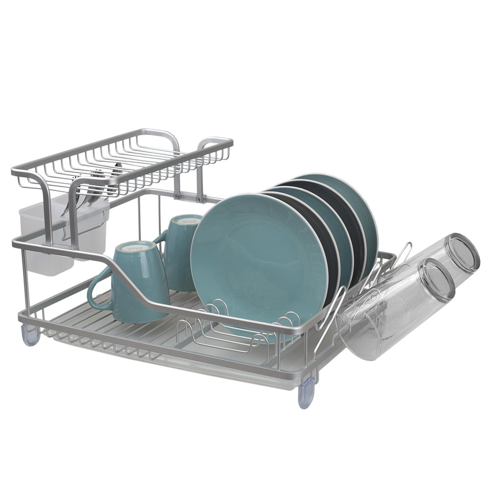2-Tier Deluxe Kitchen Dish Drying Rack (Silver/Black), by Home Basics | Big  Dish Drying Rack for Plates, Teacups, Bowls, Cups, and Silverware 