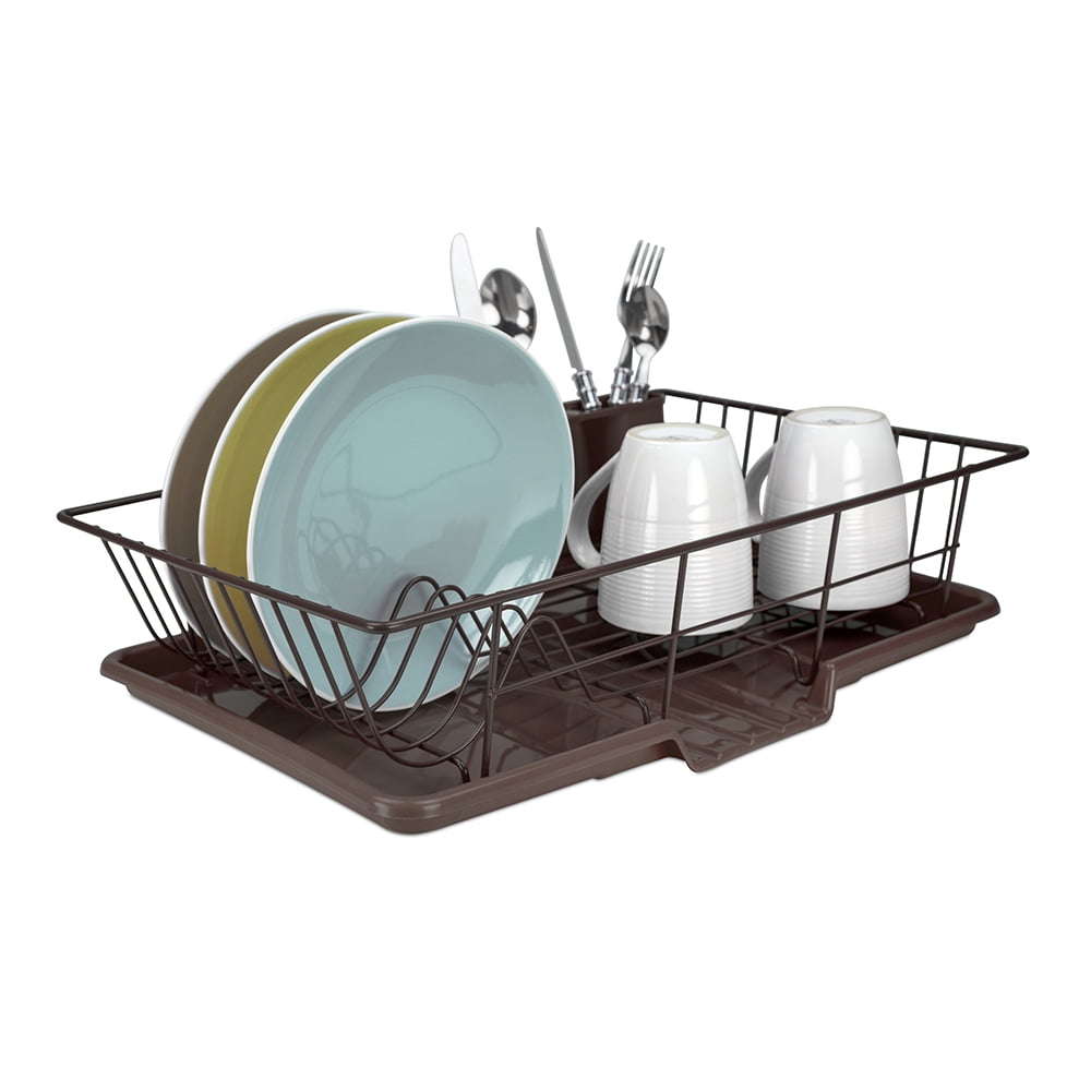 Home Basics 3 Piece Rust-Resistant Vinyl Dish Drainer with Self-Draining Drip Tray, Brown