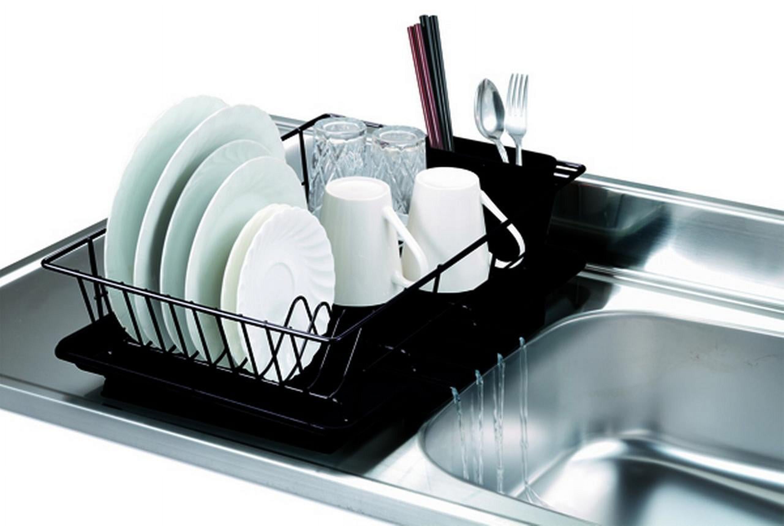 Home Basics 3 Piece Rust-Resistant Vinyl Dish Drainer with Self-Draining Drip Tray, Plastic Black