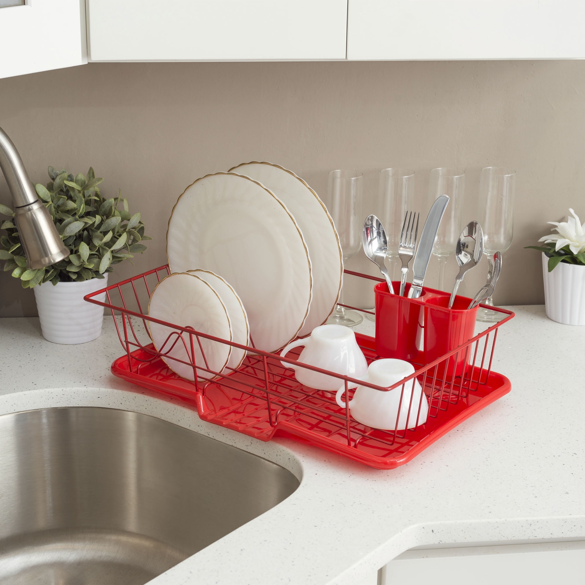 Home Basics 3 Piece Rust-resistant Vinyl Dish Drainer With Self-draining  Drip Tray, Red : Target
