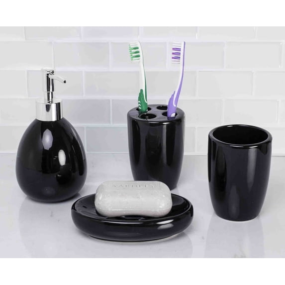 Home Basics 4 Piece Ceramic Bath Accessory Set, Black