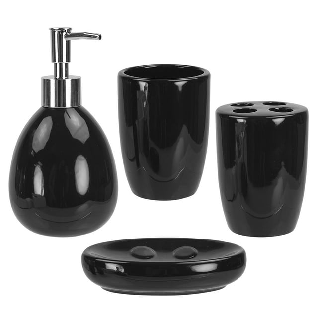 Home Basics 4 Piece Solid Print Ceramic Bath Accessories Sets, Black